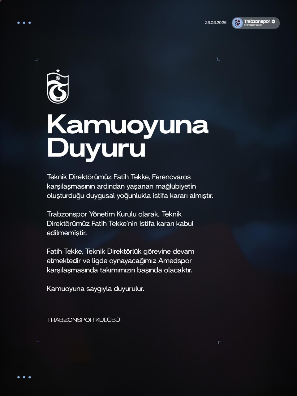 Trabzonspor dan Kamuoyuna Duyuru